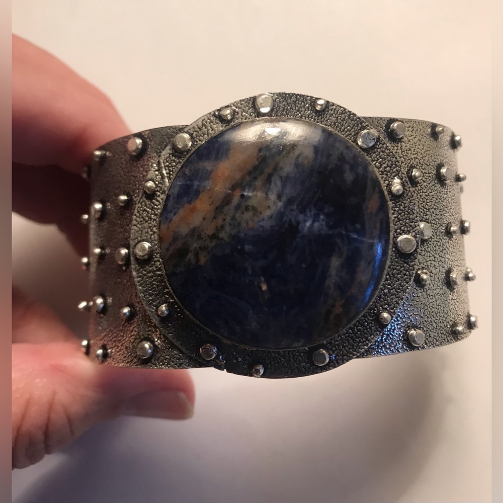 Sodalite Stamped Solid 925 Sterling Silver Cuff Bracelet